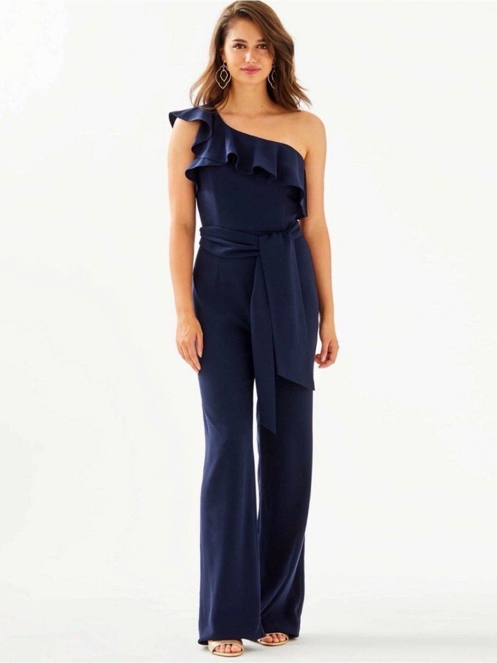 Lilly Pulitzer Navy One-Shoulder Ruffle Jumpsuit with Waist Tie